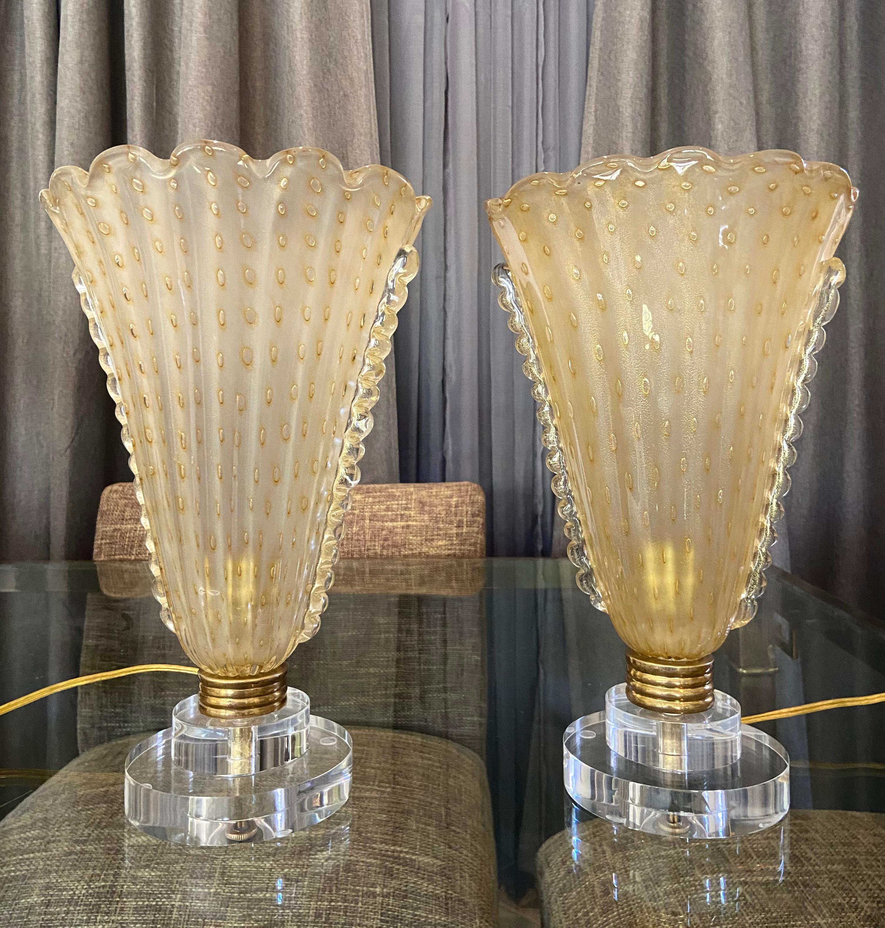 Pair of Murano Gold Glass Torchere Table Lamps In Good Condition For Sale In Palm Springs, CA