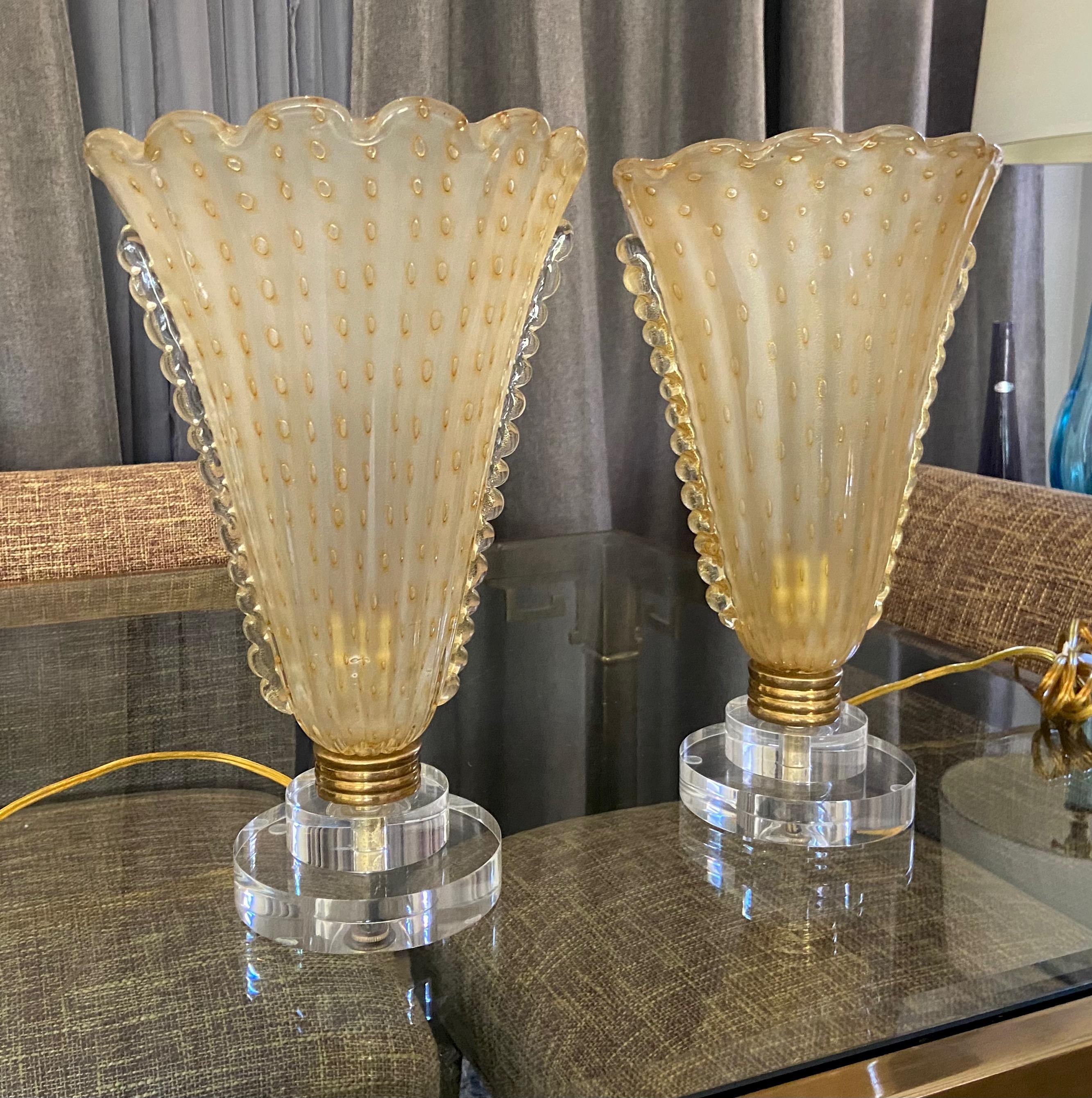 Mid-20th Century Pair of Murano Gold Glass Torchere Table Lamps For Sale
