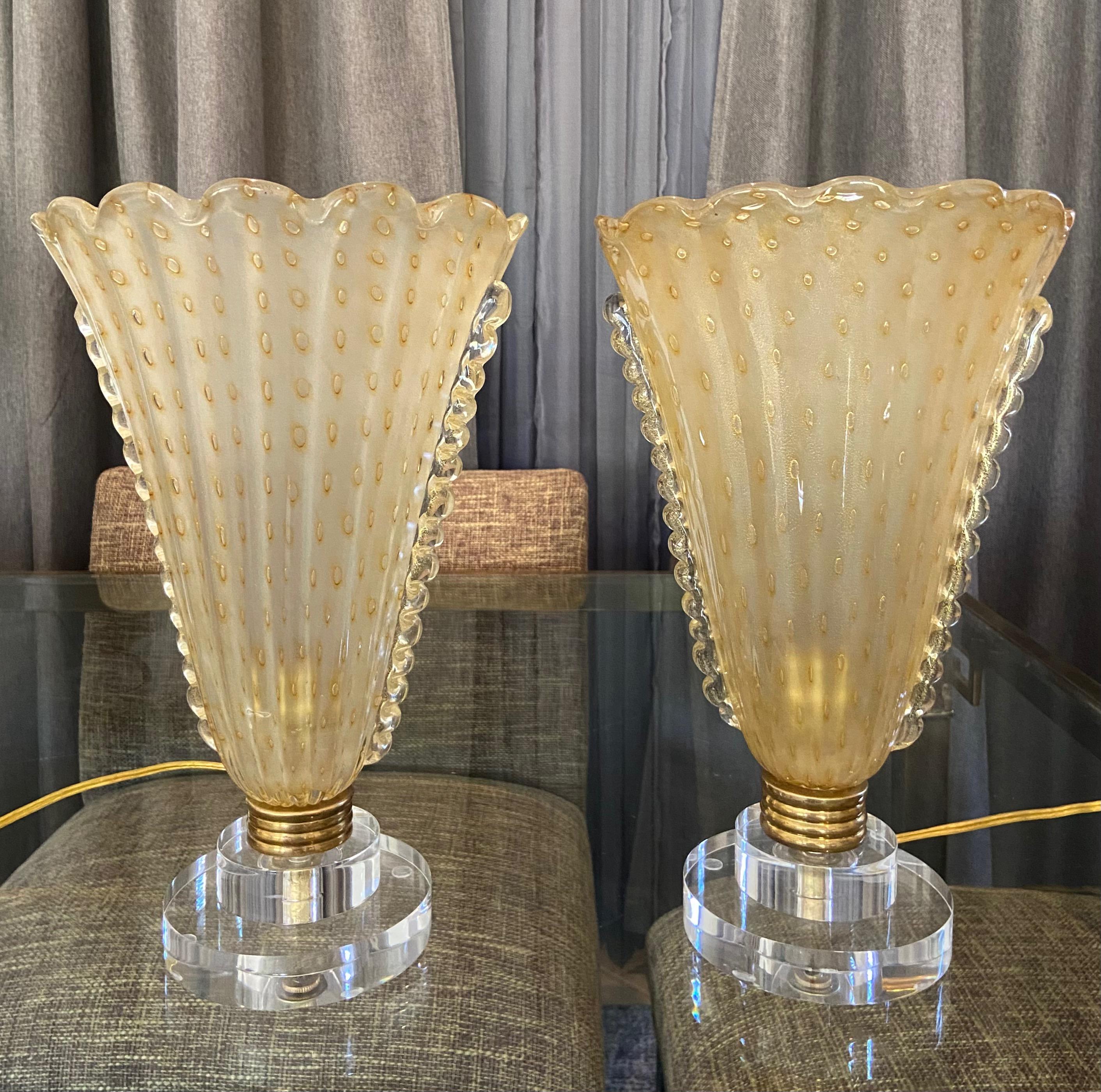 Brass Pair of Murano Gold Glass Torchere Table Lamps For Sale