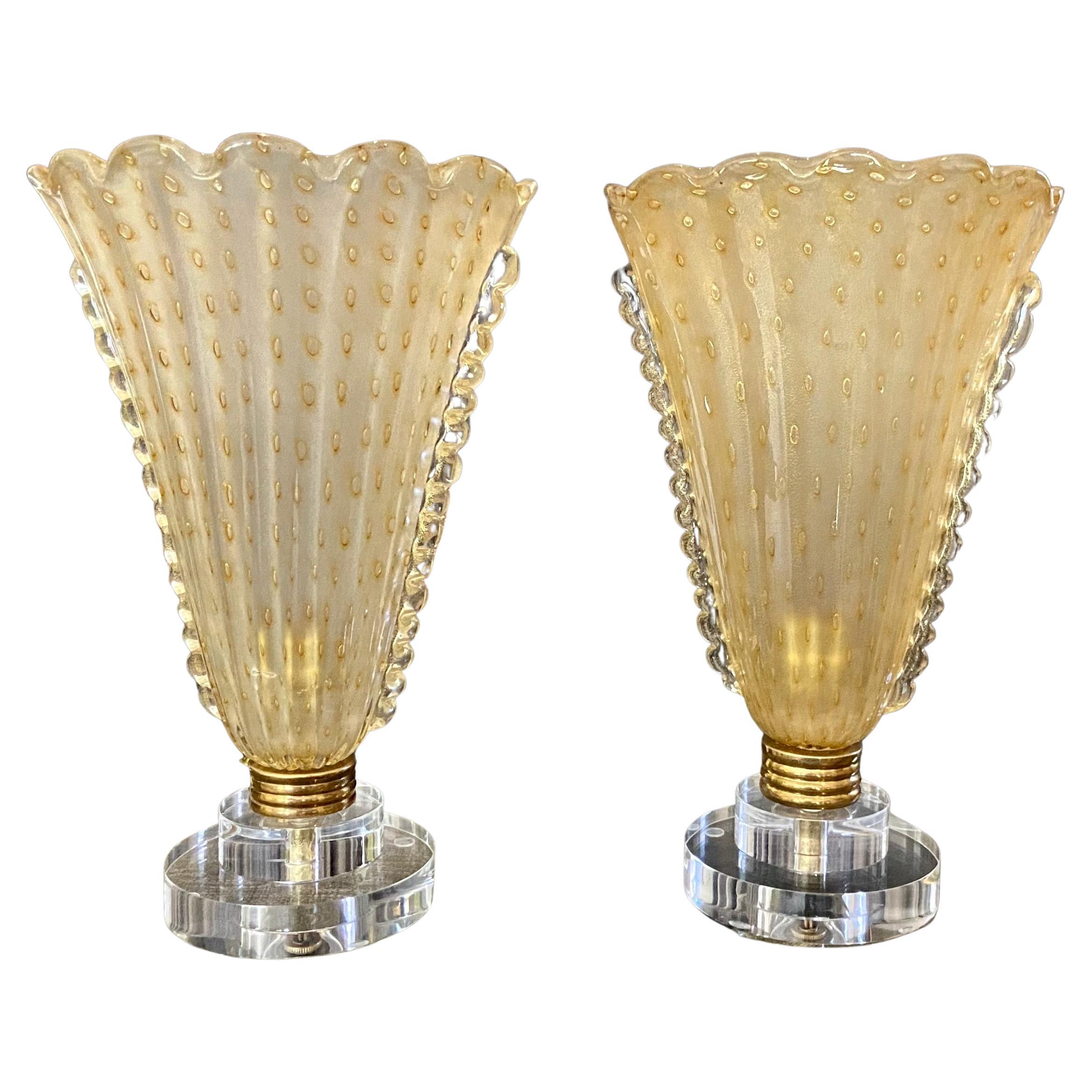 Pair of Murano Gold Glass Torchere Table Lamps For Sale