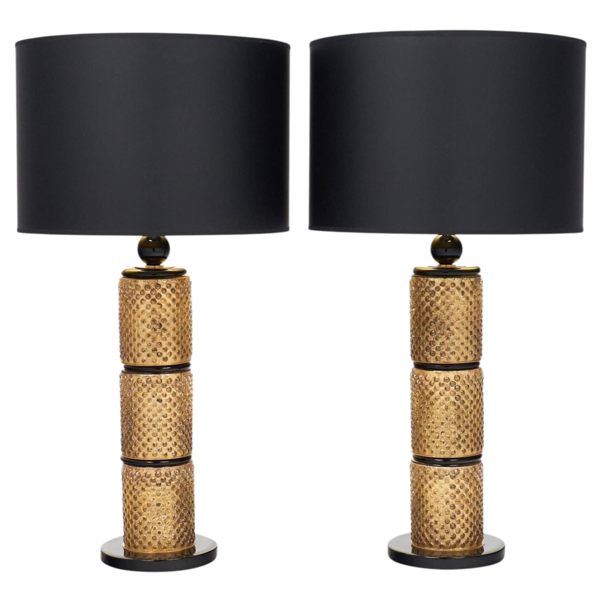Pair of Murano Gold Leaf and Black Glass Table Lamps