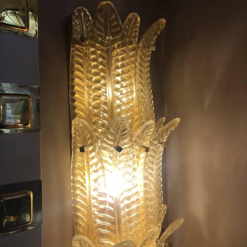 Pair of Murano Gold Leaves Big Sconces Brass Fittings, 1950s 3