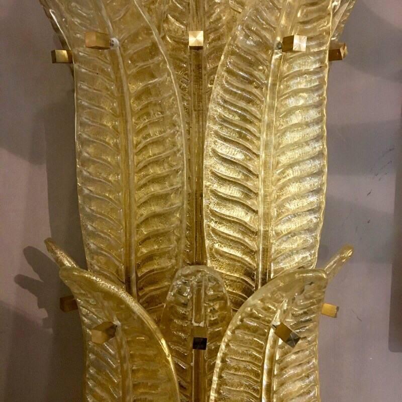 Pair of Murano Gold Leaves Big Sconces Brass Fittings, 1950s 1
