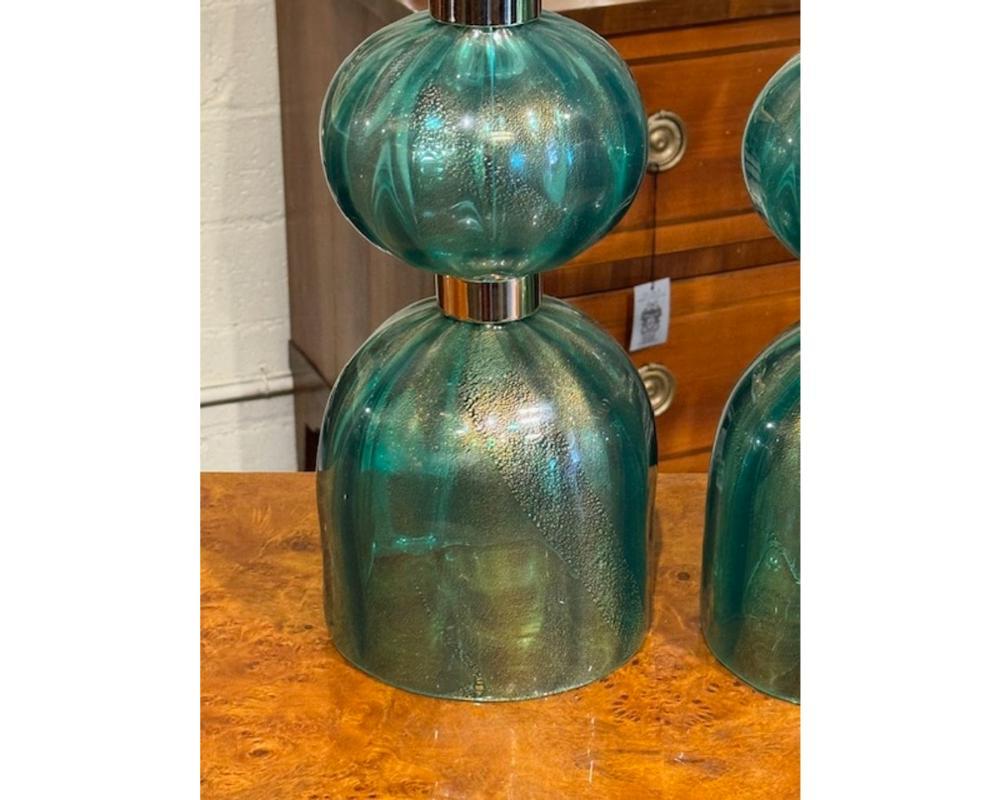 Paire de lampes de Murano vert et or Bon état - En vente à Dallas, TX