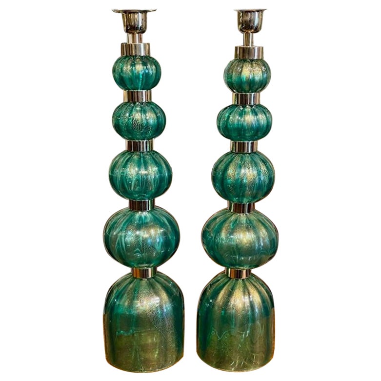 Pareja de lámparas de Murano verdes y doradas en venta