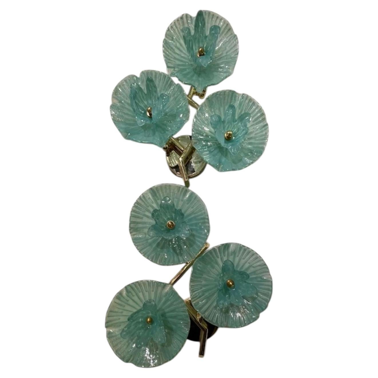 Coppia di lampade a disco con fiori verdi di Murano