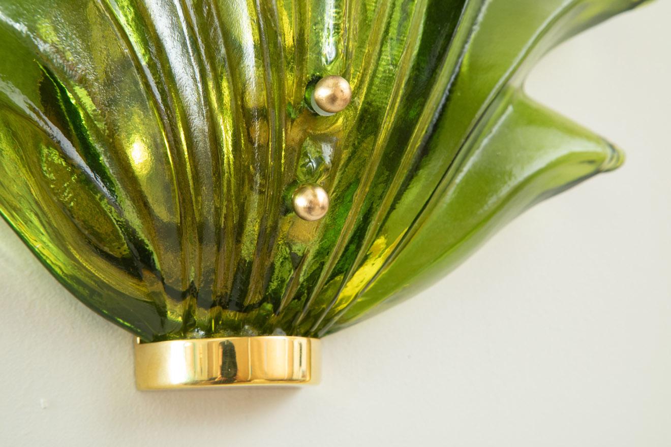 Pair of Murano Green Leaf Glass Wall Lights, in Stock For Sale 4