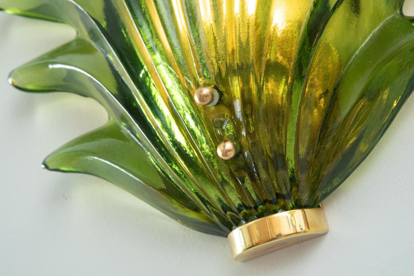Pair of Murano Green Leaf Glass Wall Lights, in Stock For Sale 5