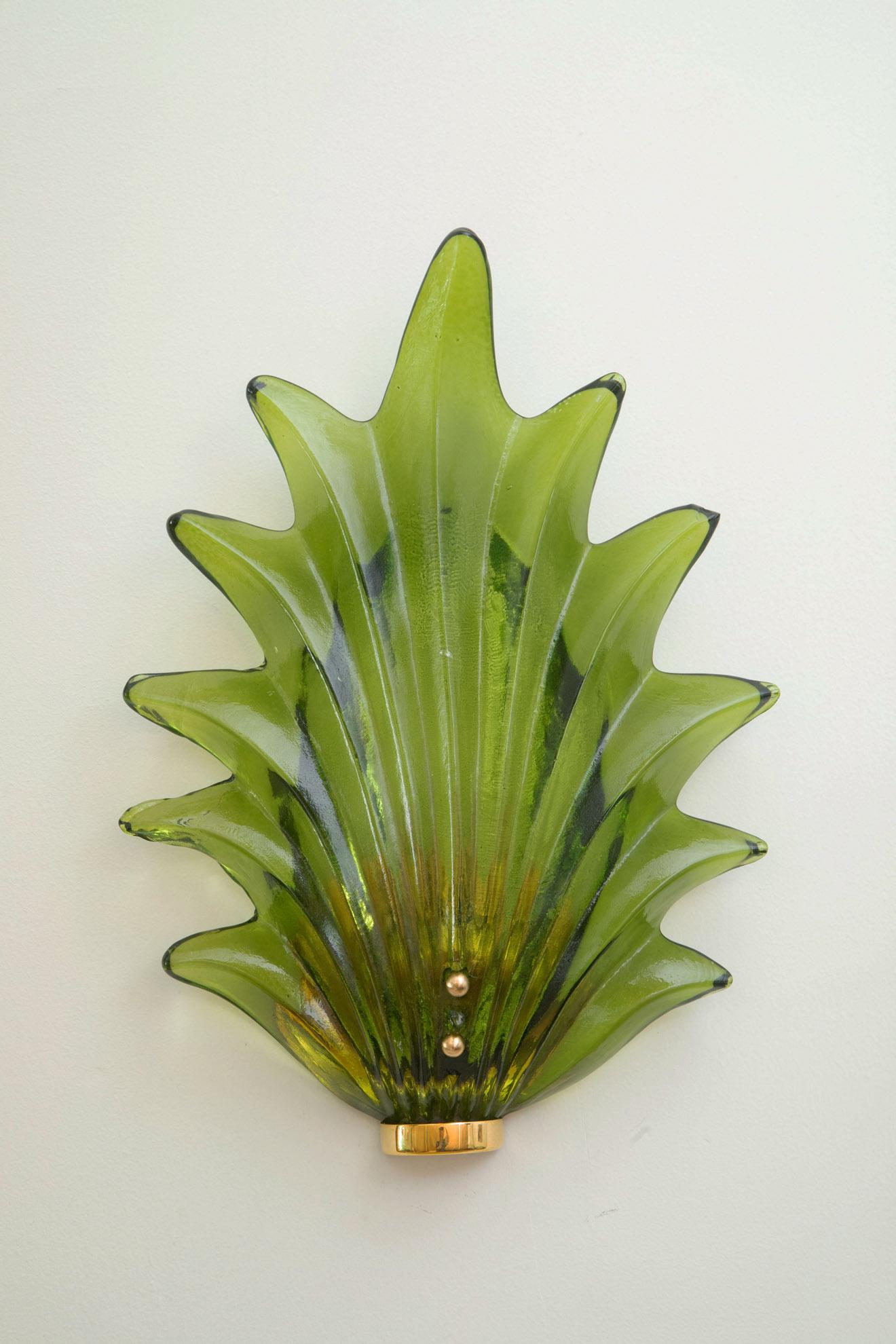 Mid-Century Modern Pair of Murano Green Leaf Glass Wall Lights, in Stock For Sale