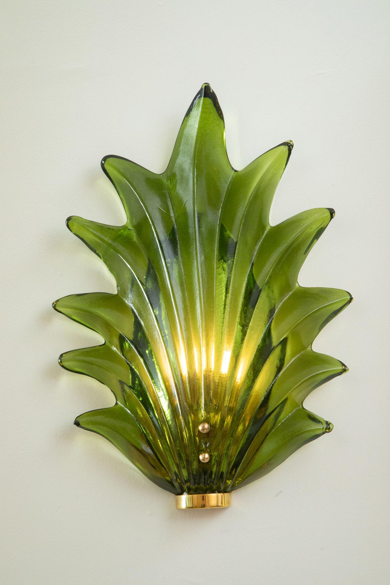 Italian Pair of Murano Green Leaf Glass Wall Lights, in Stock For Sale