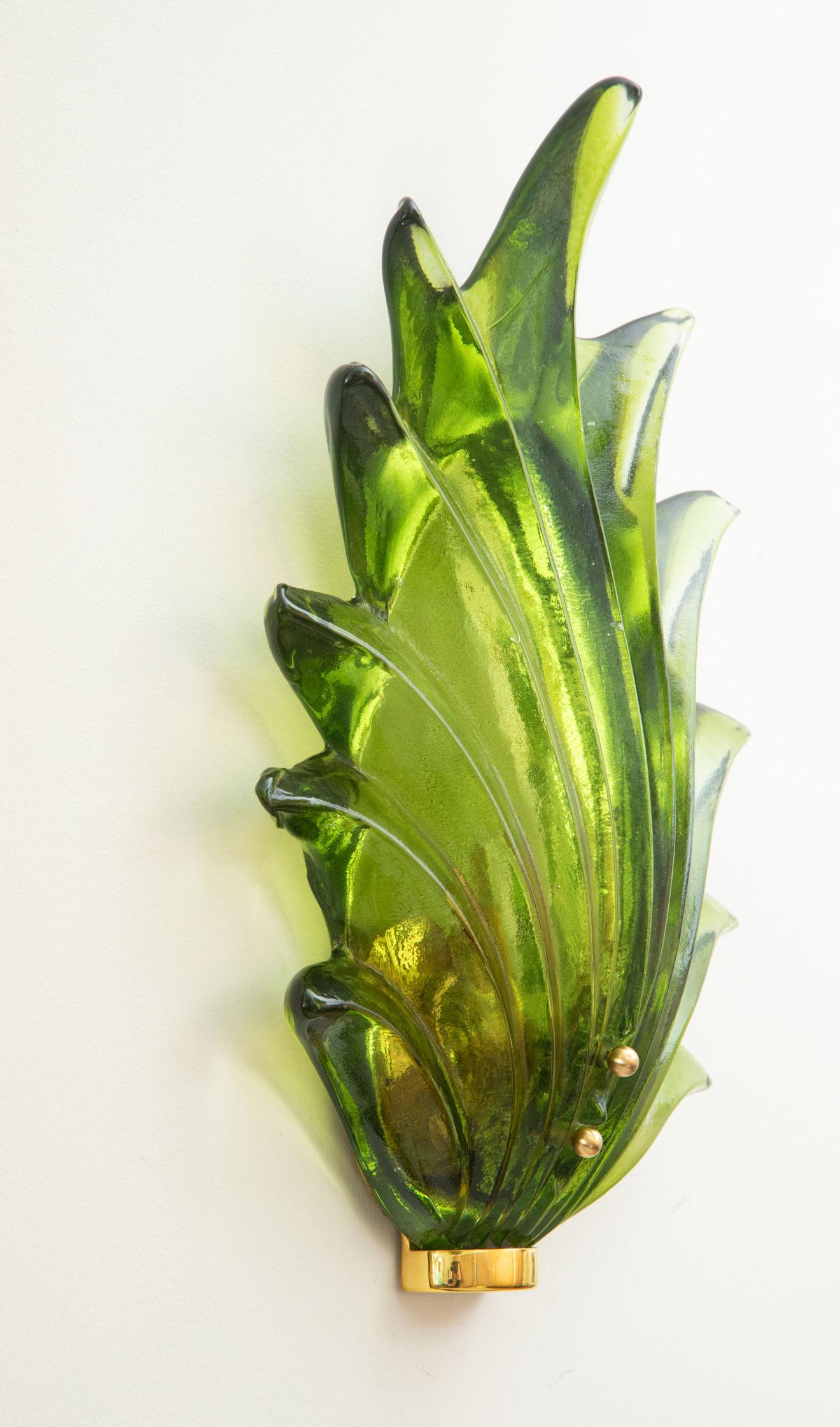 Contemporary Pair of Murano Green Leaf Glass Wall Lights, in Stock For Sale