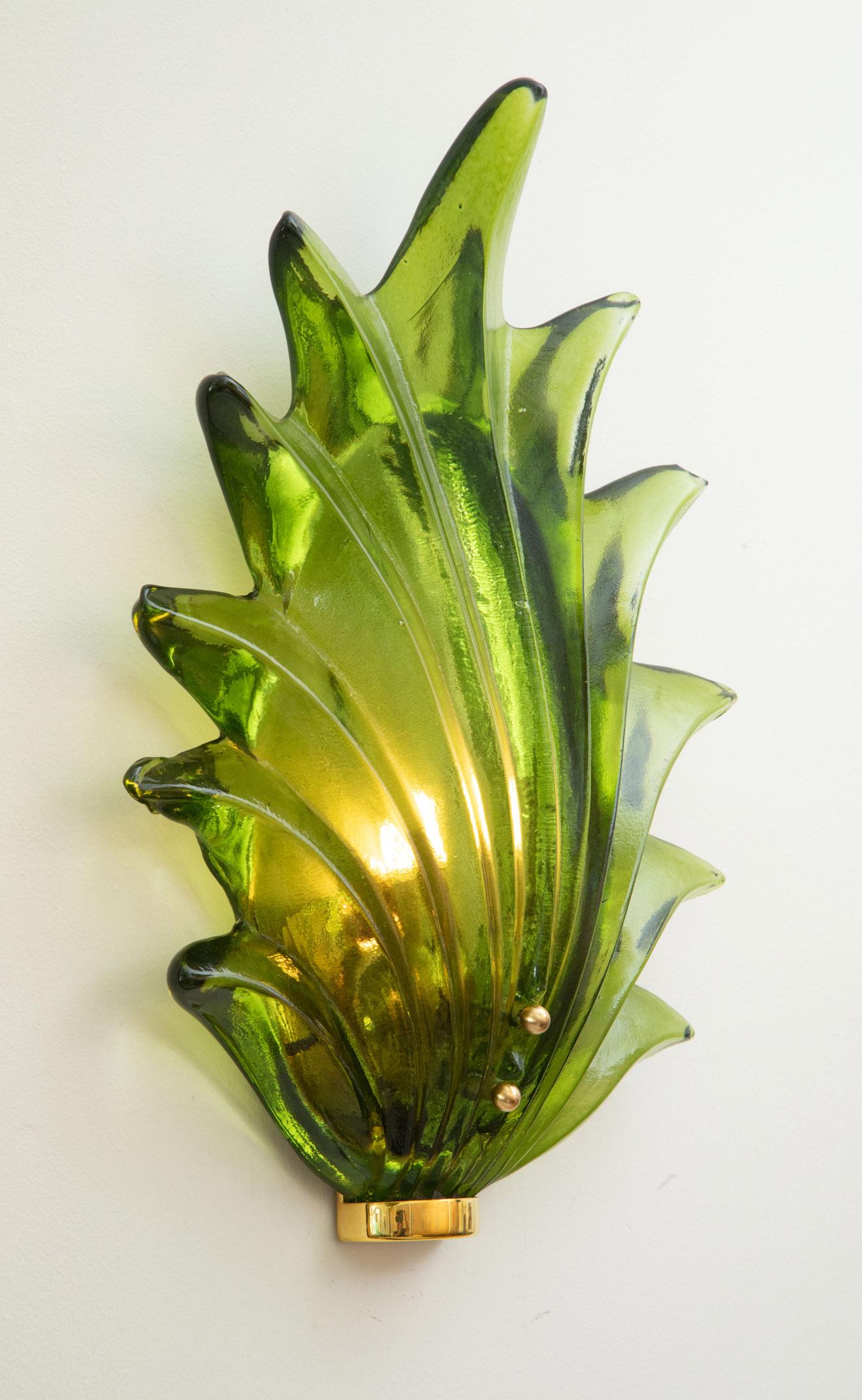 Pair of Murano Green Leaf Glass Wall Lights, in Stock For Sale 1