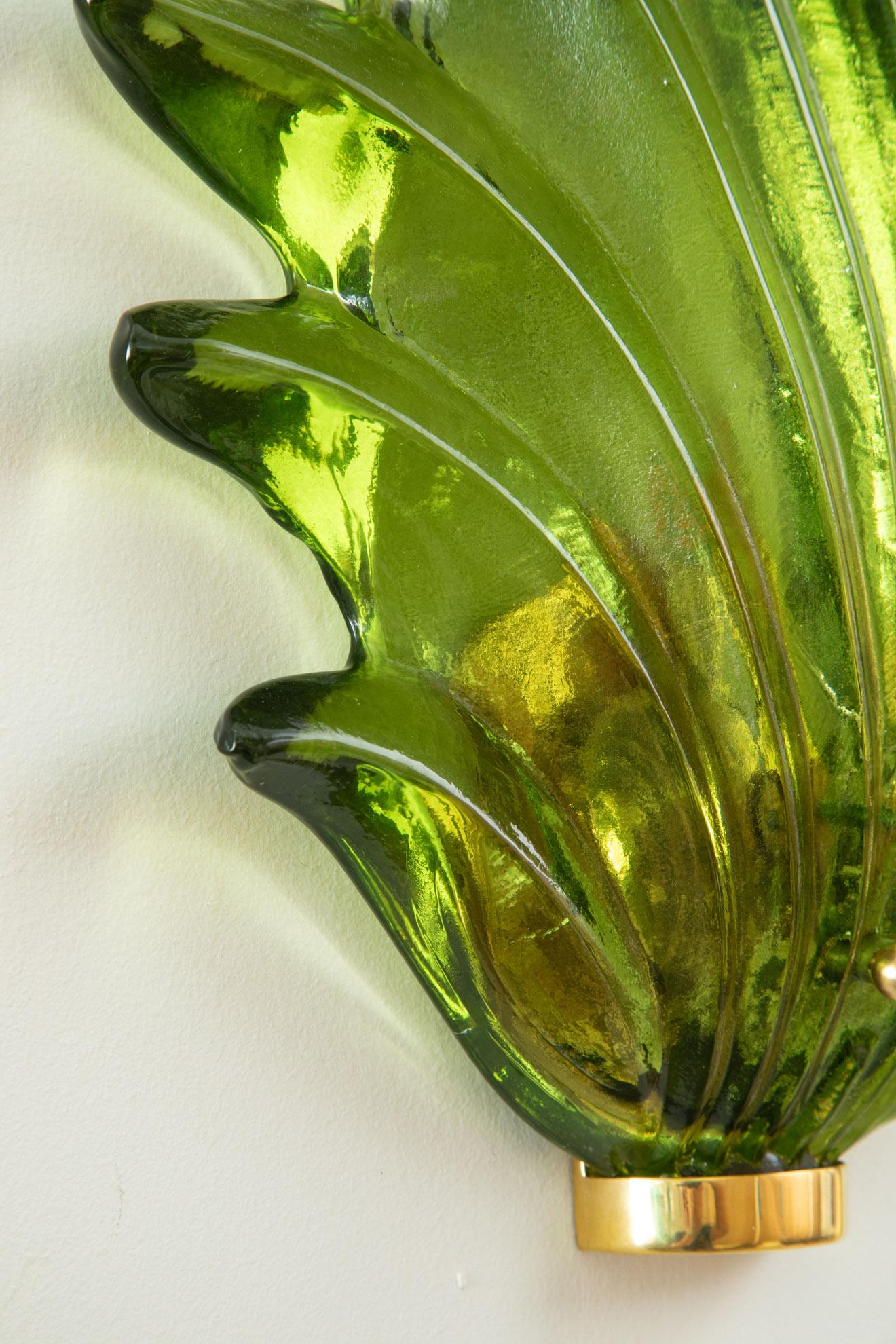 Pair of Murano Green Leaf Glass Wall Lights, in Stock For Sale 2