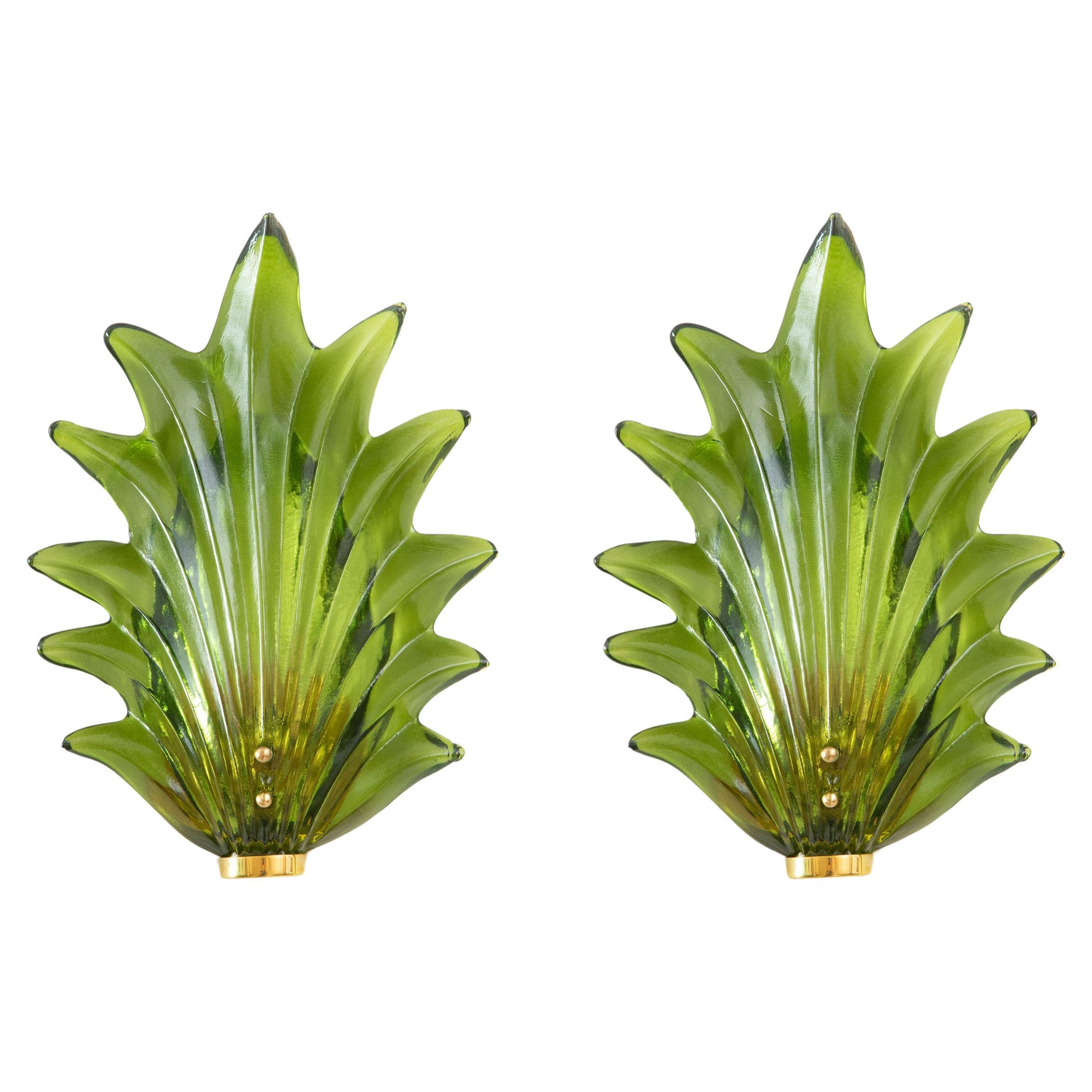 Pair of Murano Green Leaf Glass Wall Lights, in Stock For Sale