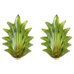 Pair of Murano Green Leaf Glass Wall Lights, in Stock