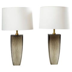 Pair Of Murano Grey Battuta Table Lamps, Contemporary
