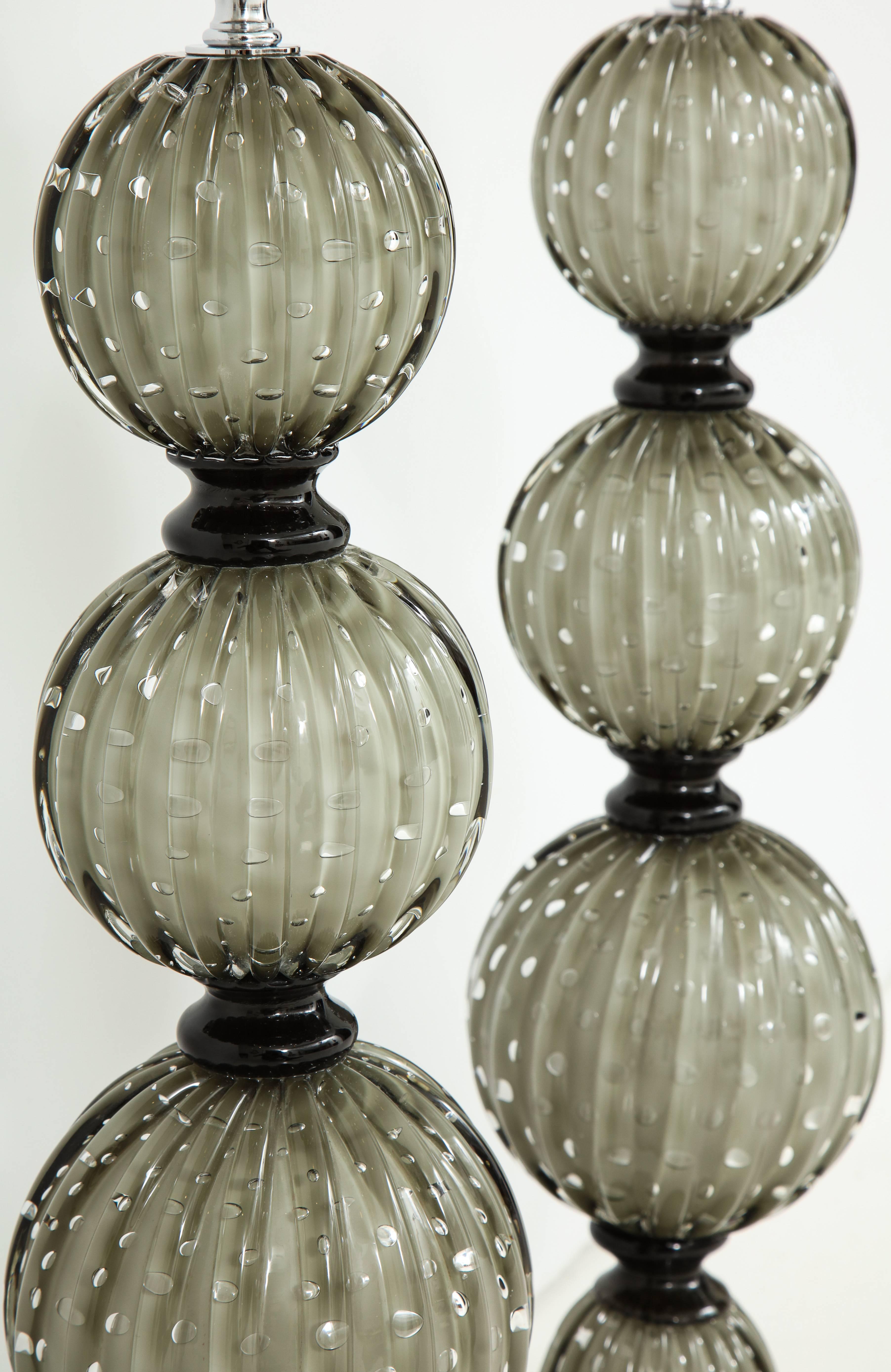 Italian Pair of Grey with Ivory Undertone Murano Glass Lamps, Italy, Signed