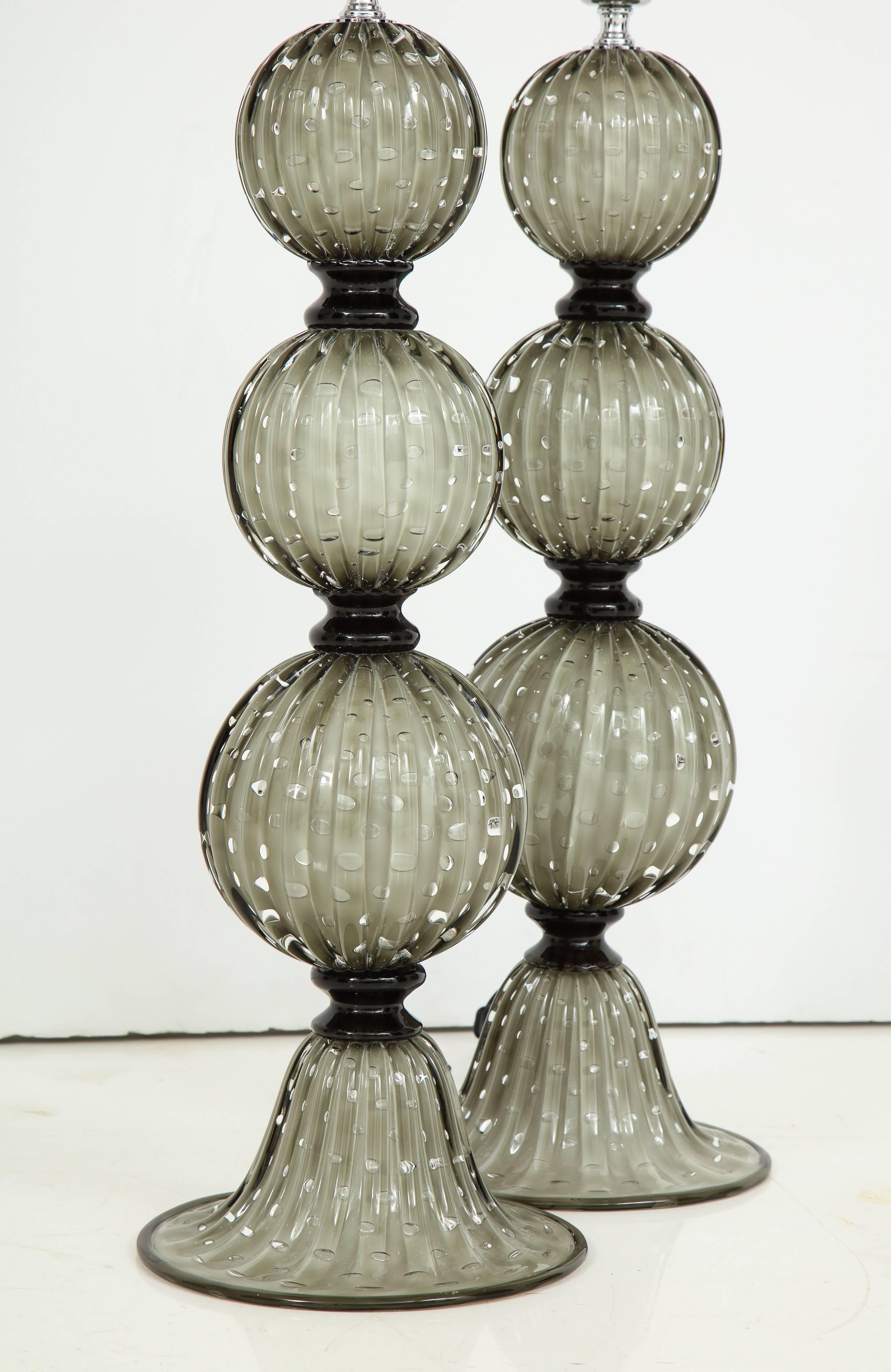 Pair of Grey with Ivory Undertone Murano Glass Lamps, Italy, Signed 2