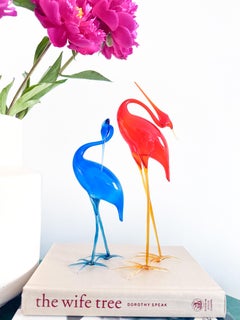 Pair of Murano Hand Blown Art Glass Cranes, Vibrant Italian Sculptures, 1960s