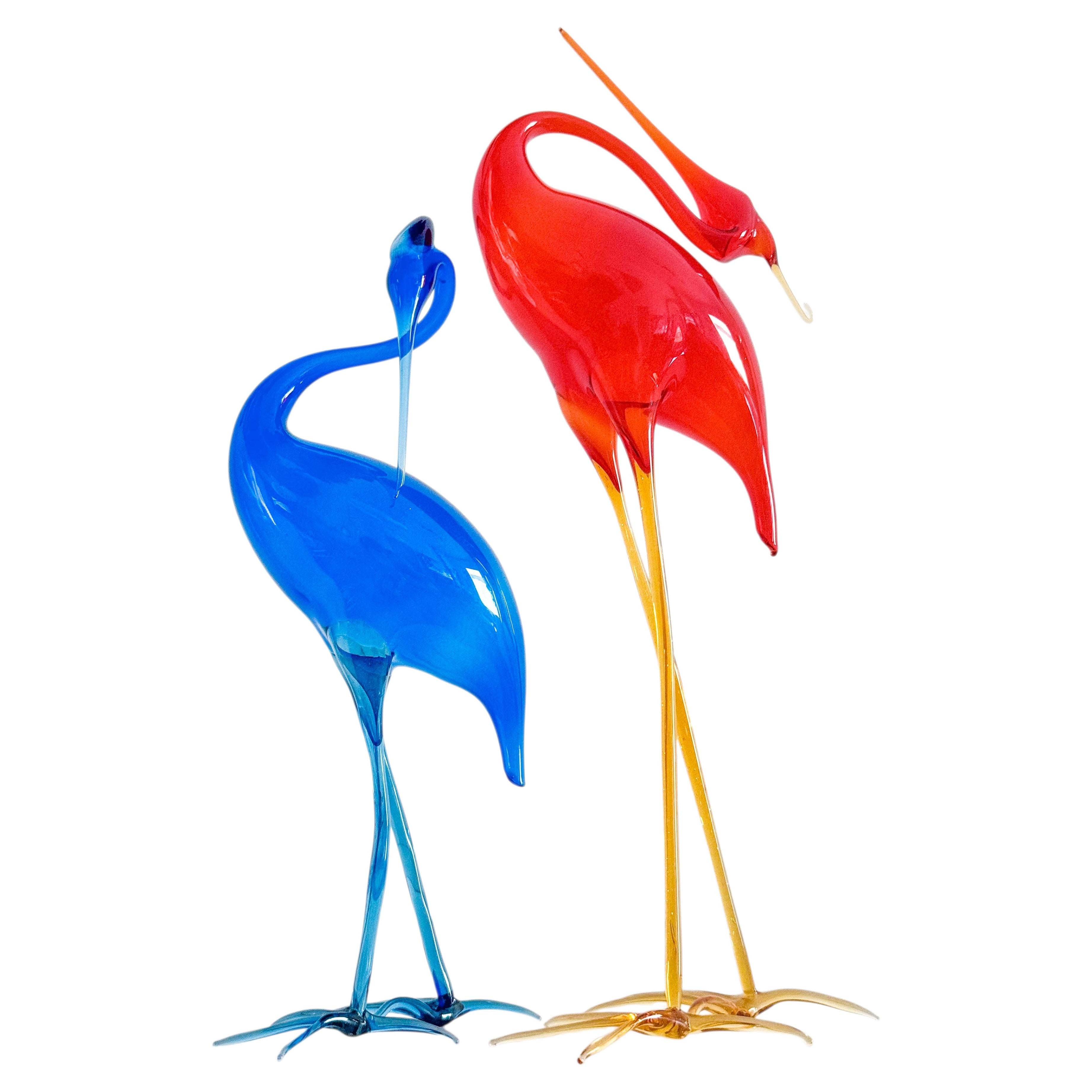 Pair of Murano Hand Blown Art Glass Cranes, Vibrant Italian Sculptures, 1960s
