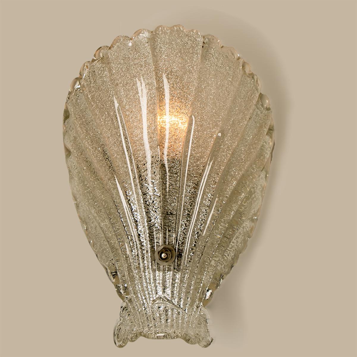 Pair of Murano Hand Blown Clear Glass Sea Shell Sconces, Italy, 1960 3