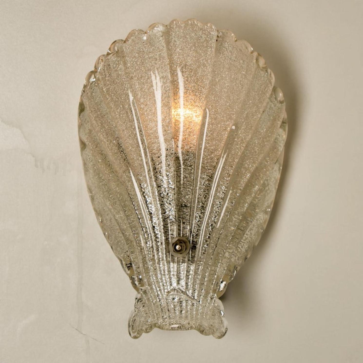 Mid-Century Modern Pair of Murano Hand Blown Clear Glass Sea Shell Sconces, Italy, 1960