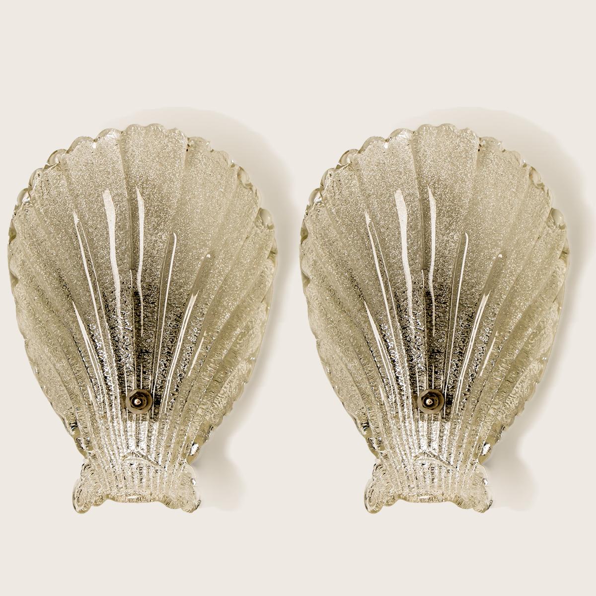 Italian Pair of Murano Hand Blown Clear Glass Sea Shell Sconces, Italy, 1960