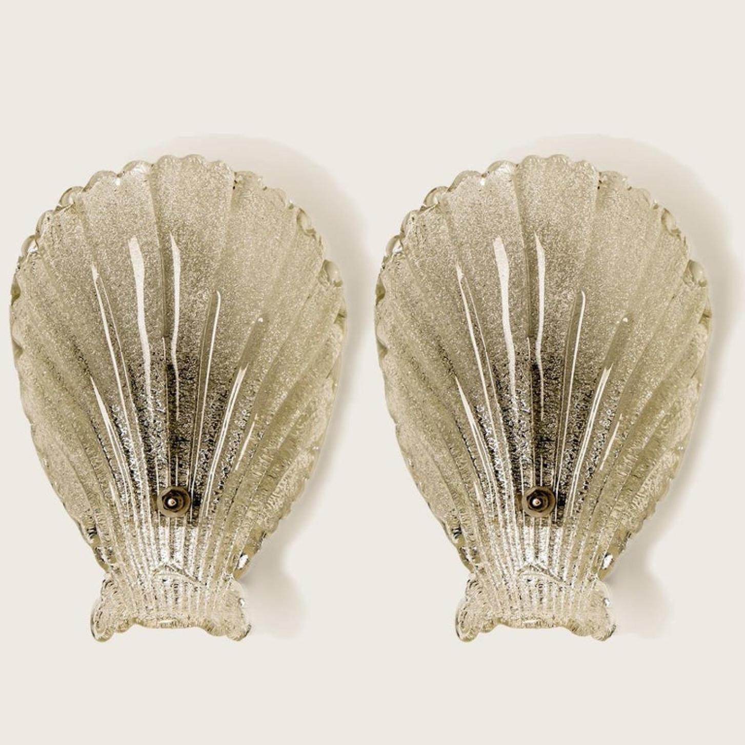 Mid-20th Century Pair of Murano Hand Blown Clear Glass Sea Shell Sconces, Italy, 1960