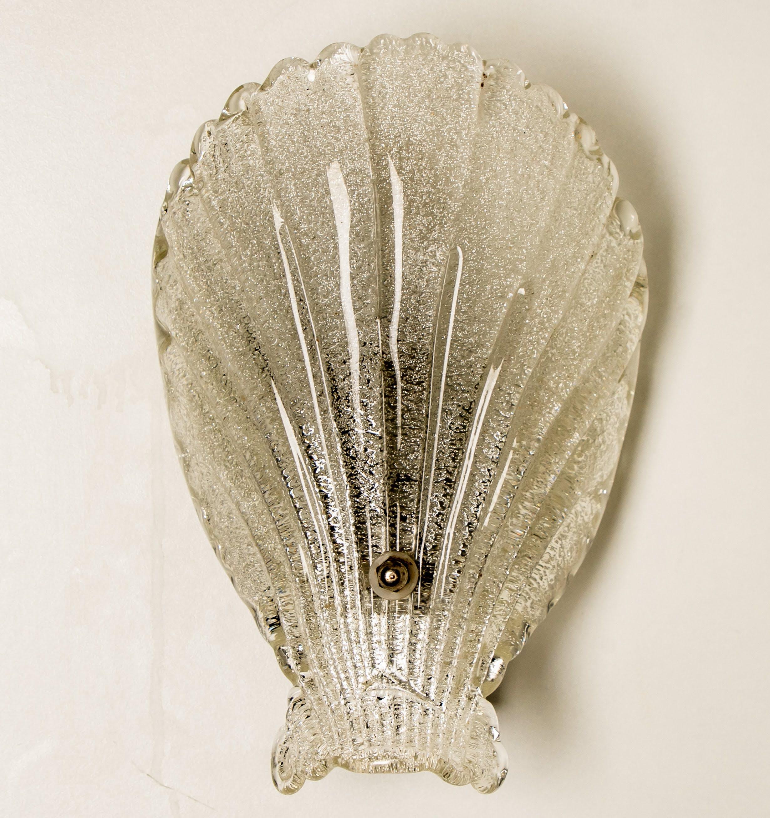 Murano Glass Pair of Murano Hand Blown Clear Glass Sea Shell Sconces, Italy, 1960