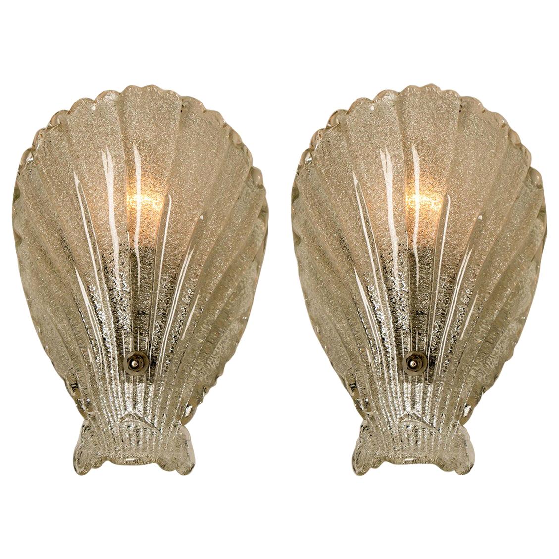 Pair of Murano Hand Blown Clear Glass Sea Shell Sconces, Italy, 1960