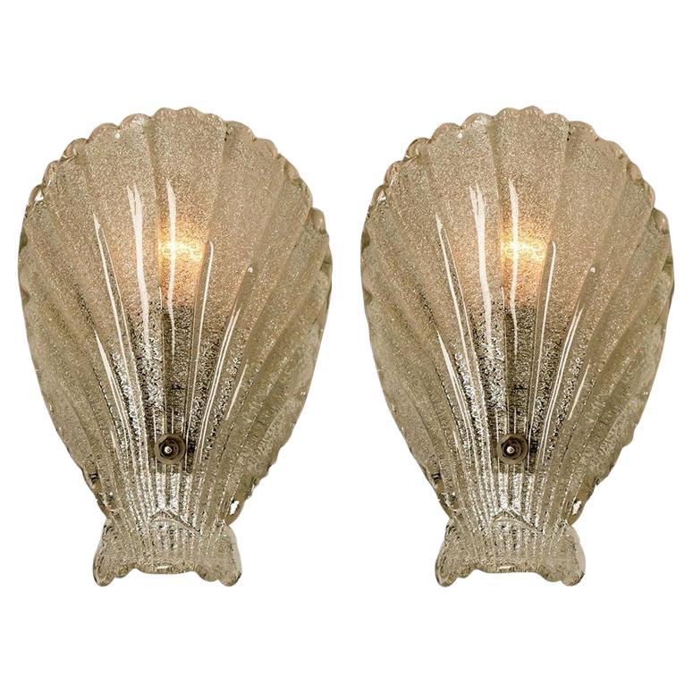 Pair of Murano Hand Blown Clear Glass Sea Shell Sconces, Italy, 1960 For Sale