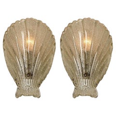 Pair of Murano Hand Blown Clear Glass Sea Shell Sconces, Italy, 1960