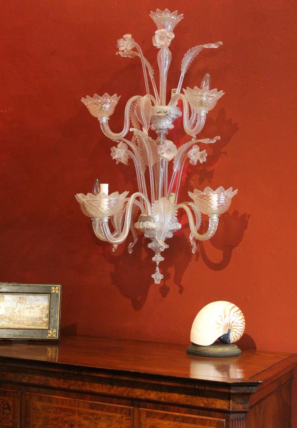 Mid Century Modern Murano Blown Transparent Glass Leaf and Flower Wall Sconces  7