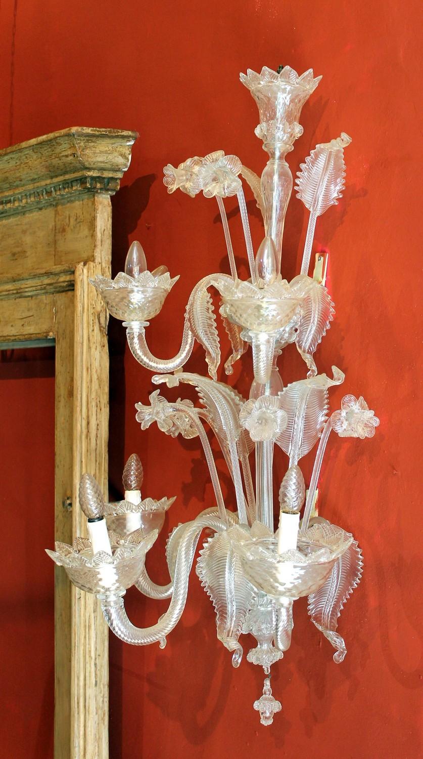 Mid-Century Modern Mid Century Modern Murano Blown Transparent Glass Leaf and Flower Wall Sconces 