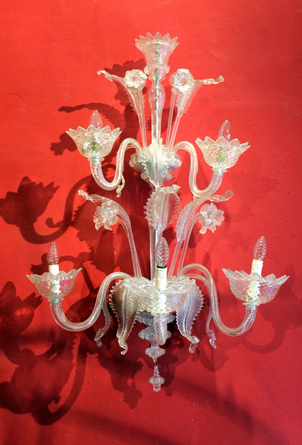 20th Century Mid Century Modern Murano Blown Transparent Glass Leaf and Flower Wall Sconces 