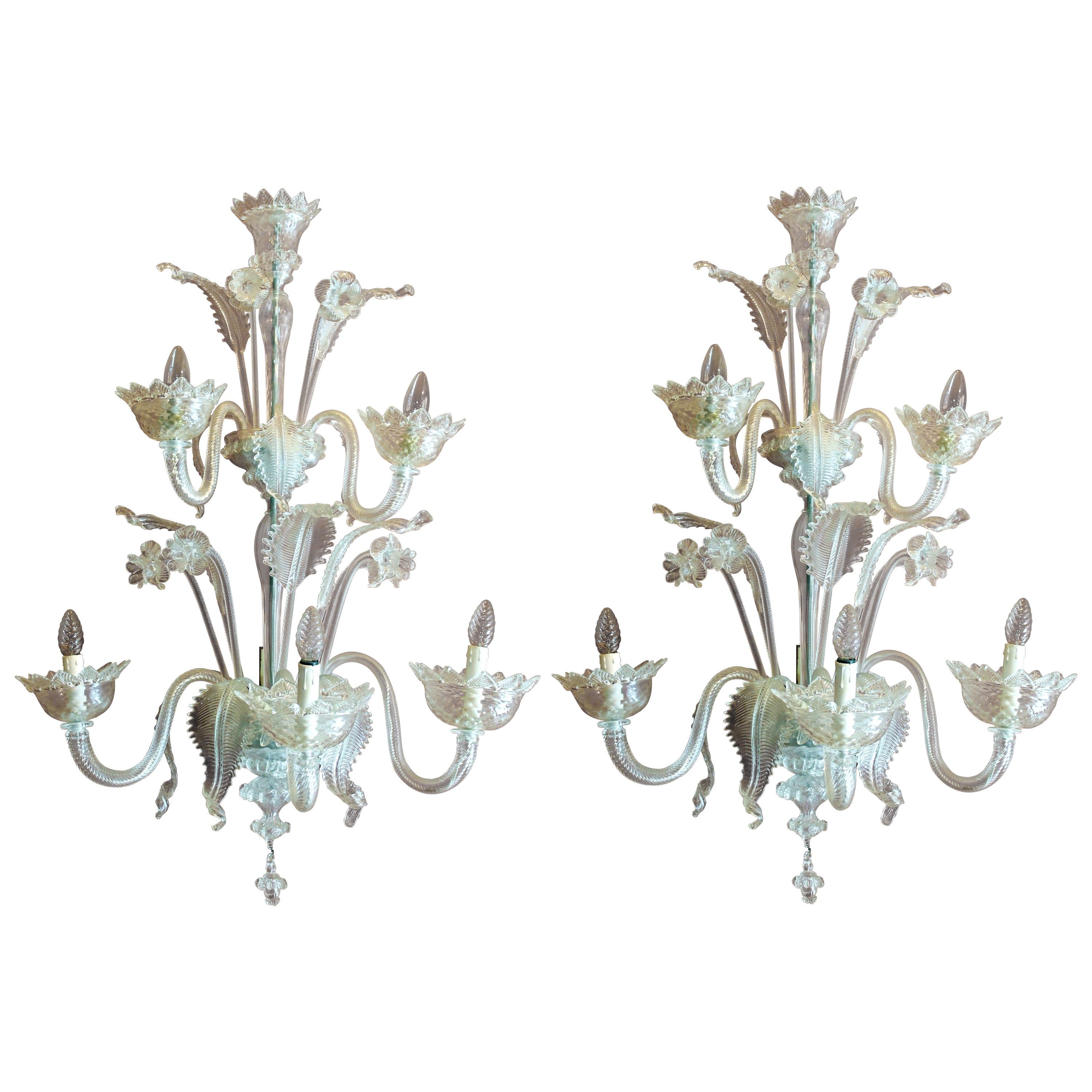 Mid Century Modern Murano Blown Transparent Glass Leaf and Flower Wall Sconces 