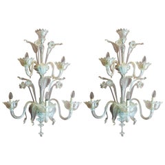 Mid Century Modern Murano Blown Transparent Glass Leaf and Flower Wall Sconces