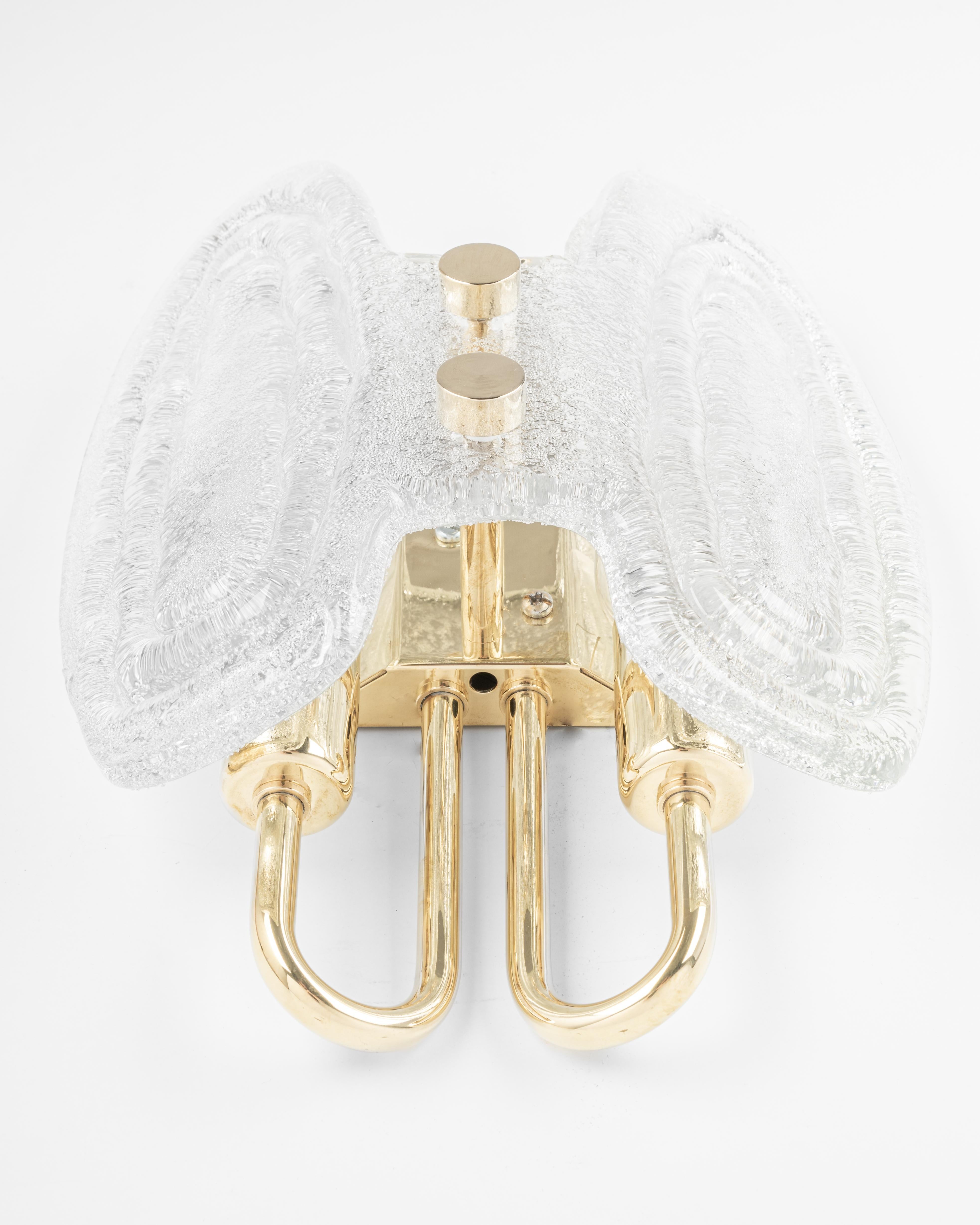 Late 20th Century Pair of Murano Ice Glass Brass Sconces by Hillebrand, Germany, 1970s For Sale