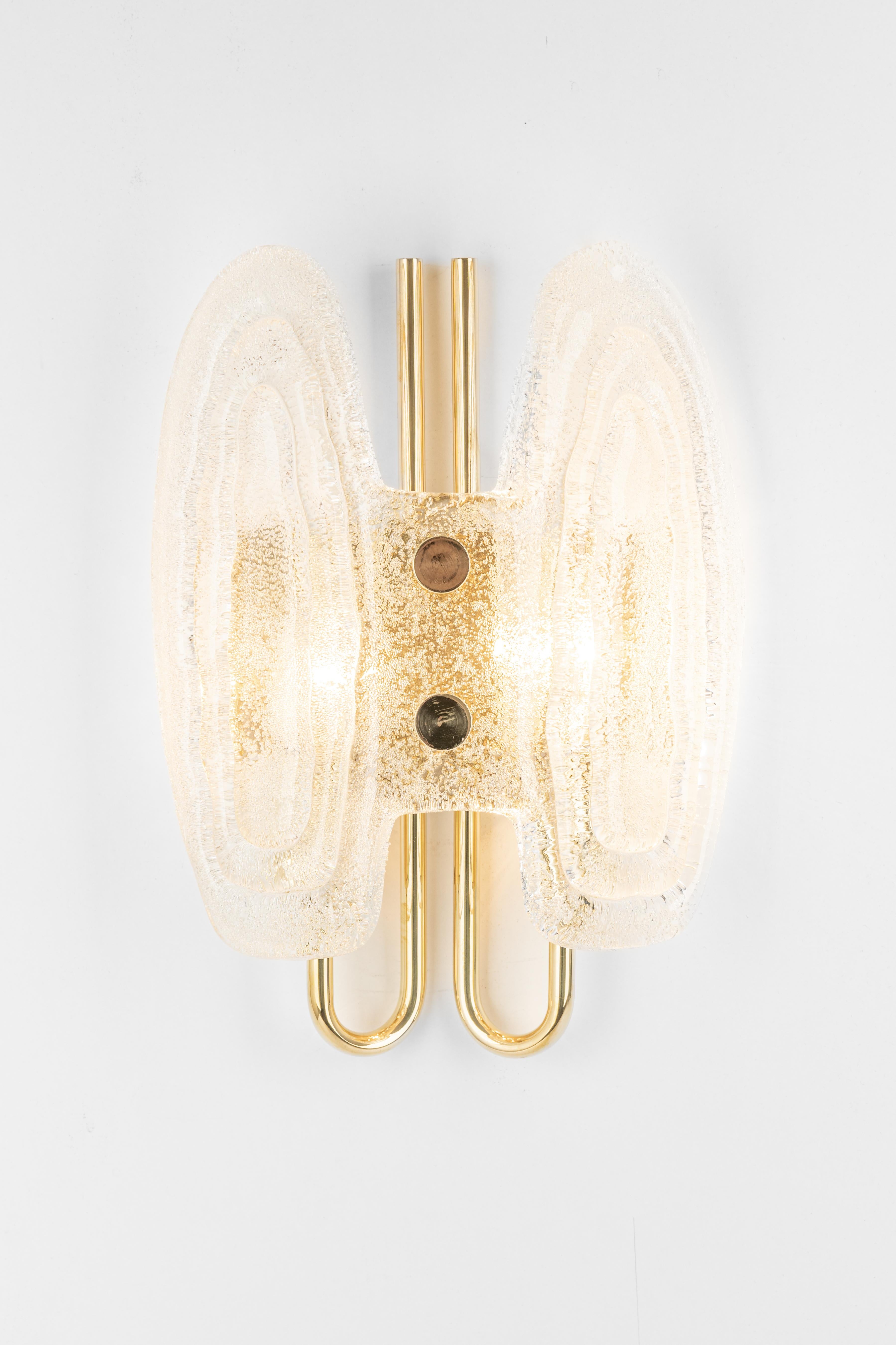 Murano Glass Pair of Murano Ice Glass Brass Sconces by Hillebrand, Germany, 1970s For Sale