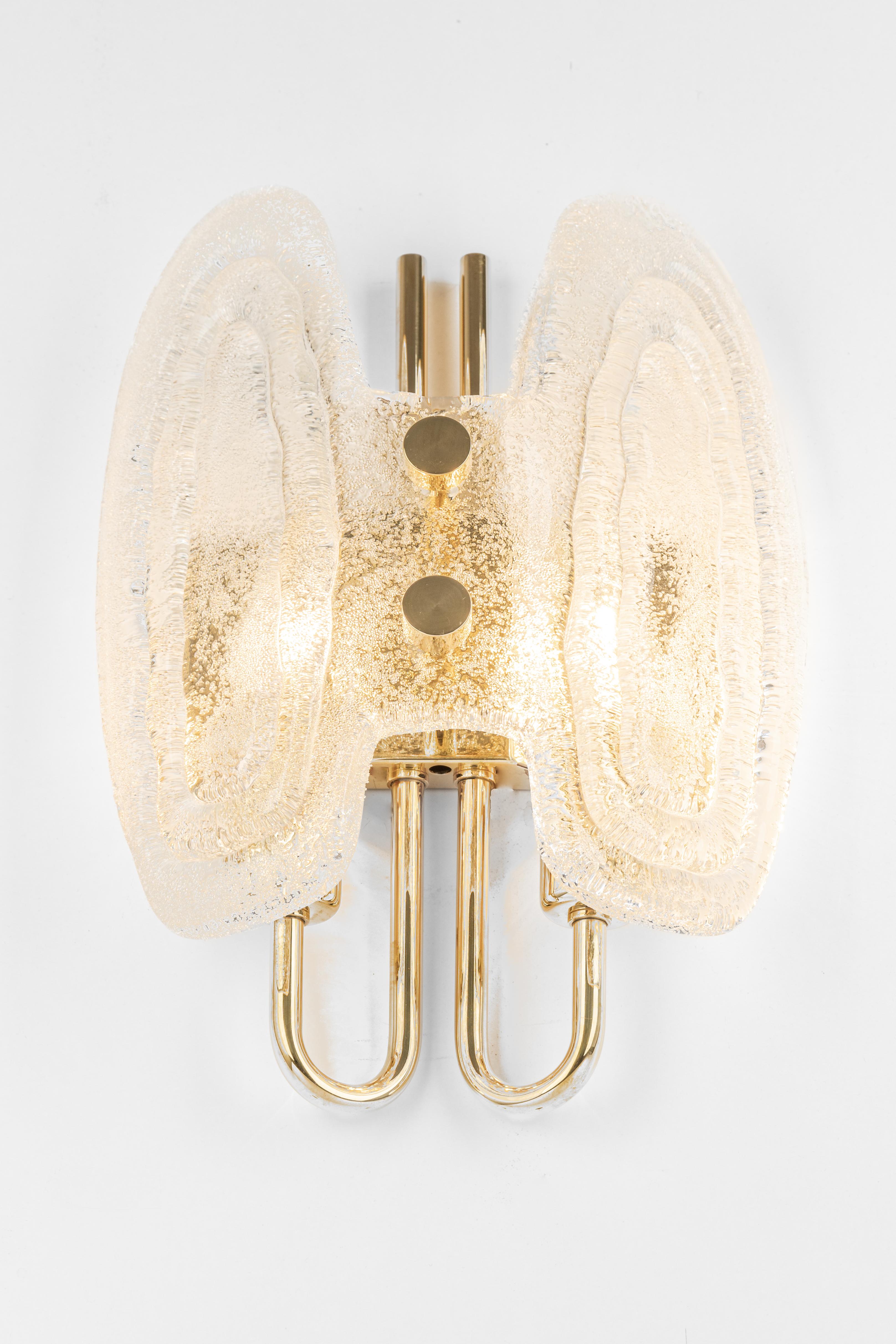 Pair of Murano Ice Glass Brass Sconces by Hillebrand, Germany, 1970s For Sale 1
