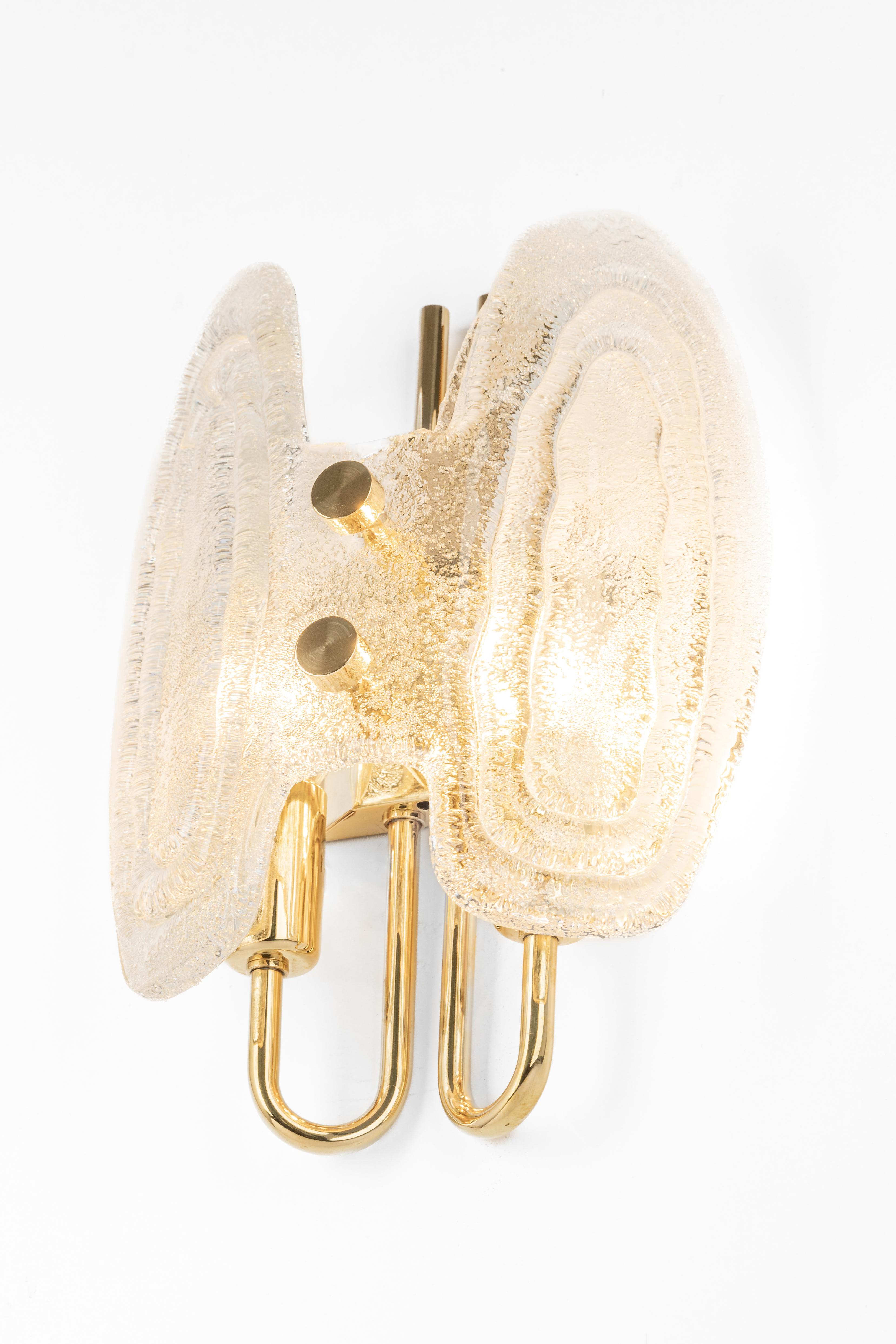 Pair of Murano Ice Glass Brass Sconces by Hillebrand, Germany, 1970s For Sale 2