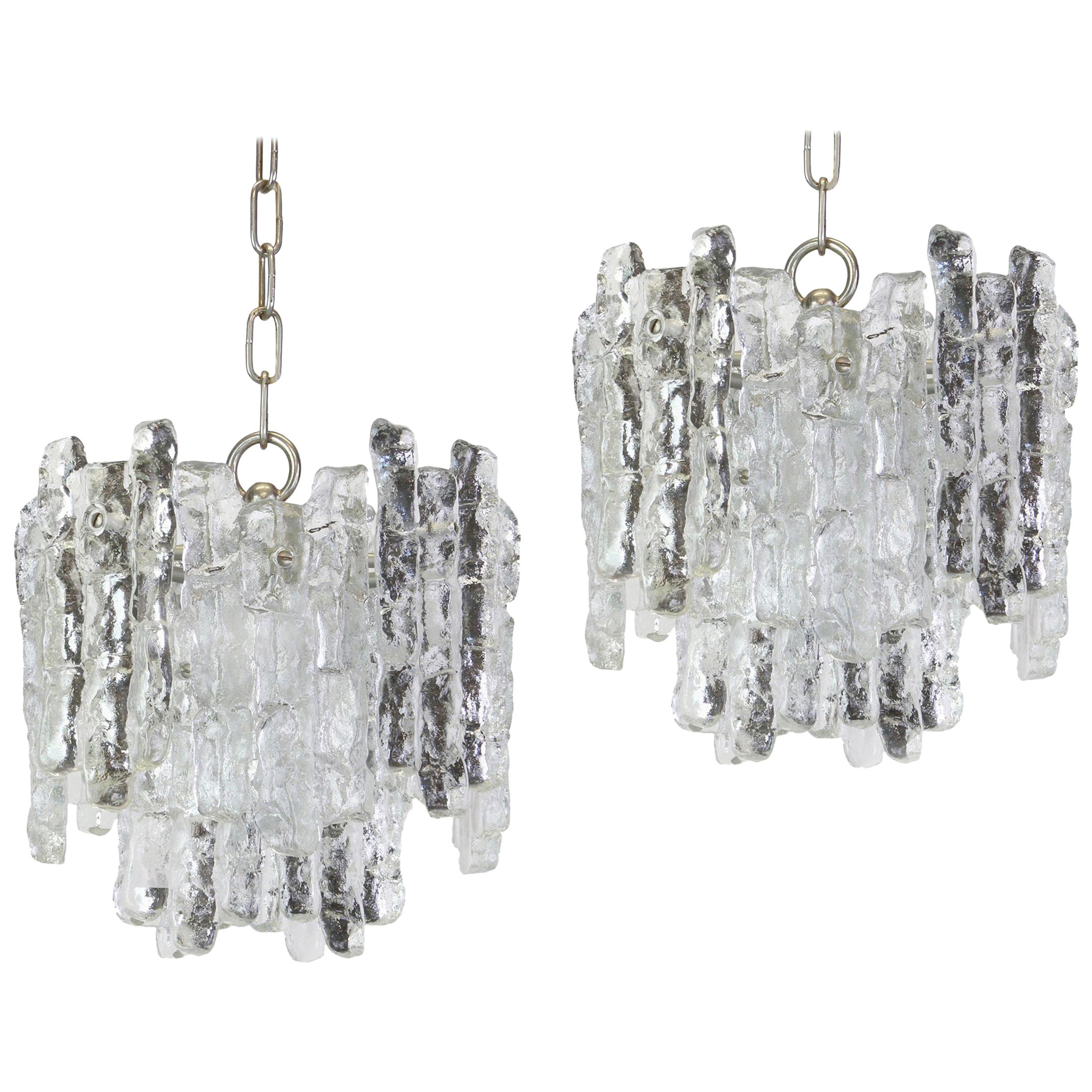 Pair of Murano Ice Glass Pendants by Kalmar, Austria, 1960s For Sale