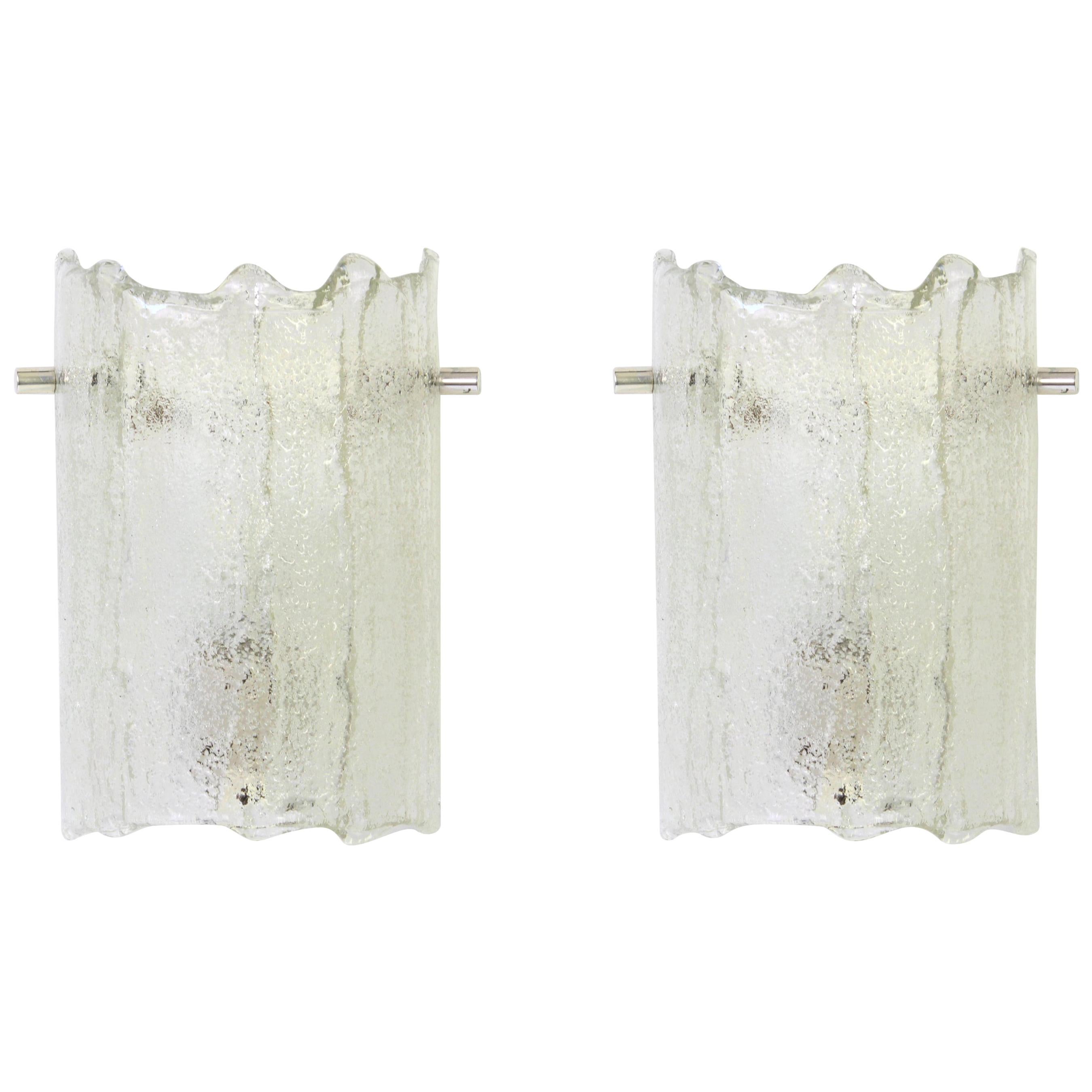 Pair of Murano Ice Glass Vanity Sconces by Kaiser, Germany, 1970s For Sale