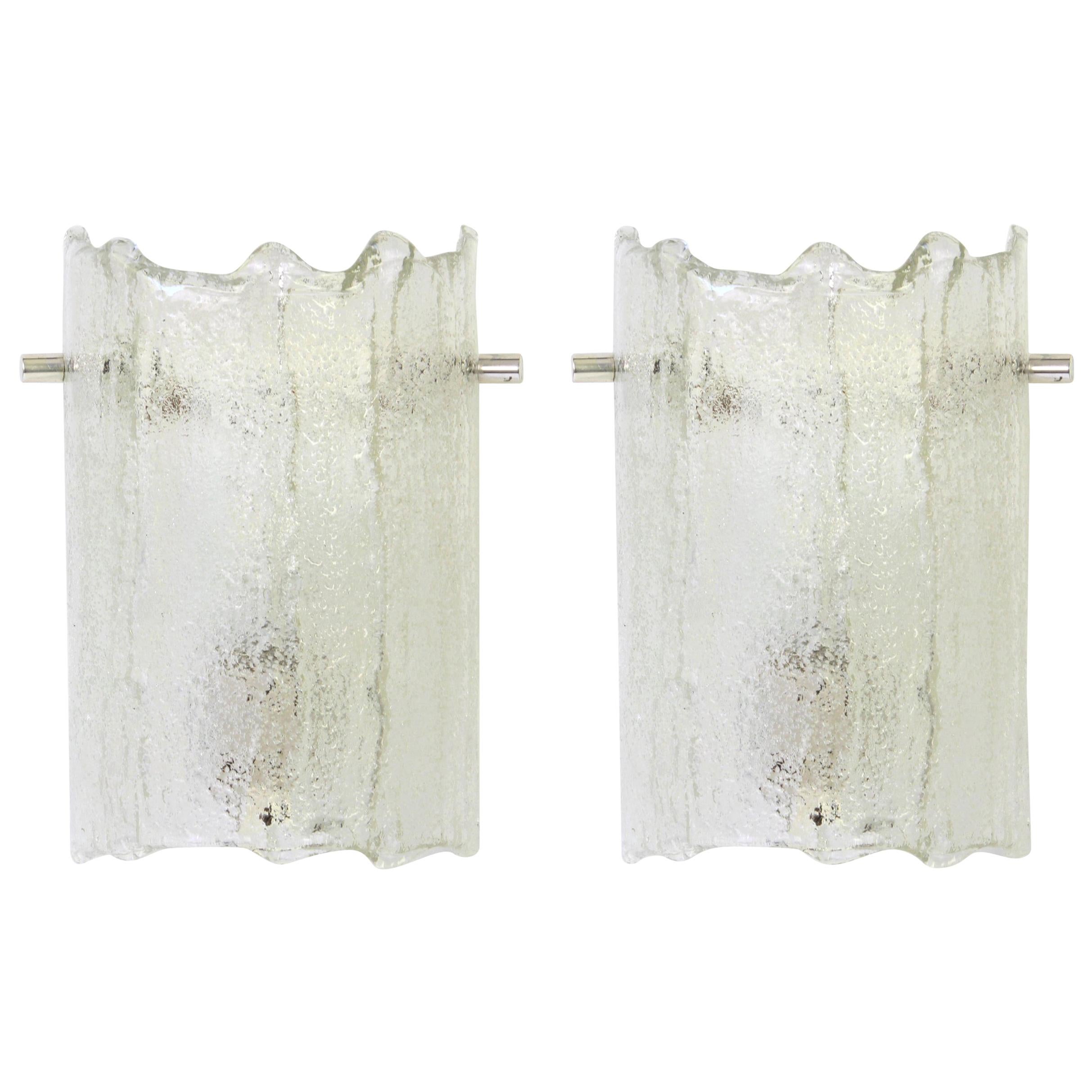 Pair of Murano Ice Glass Vanity Sconces by Kaiser, Germany, 1970s For Sale