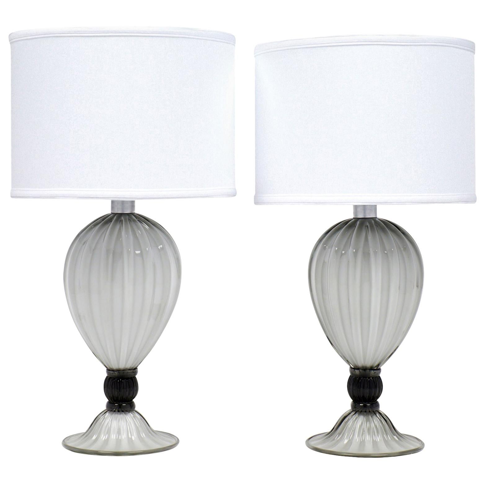 Pair of Murano "Incamiciato" Gray Glass Table Lamps