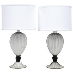 Pair of Murano "Incamiciato" Gray Glass Table Lamps