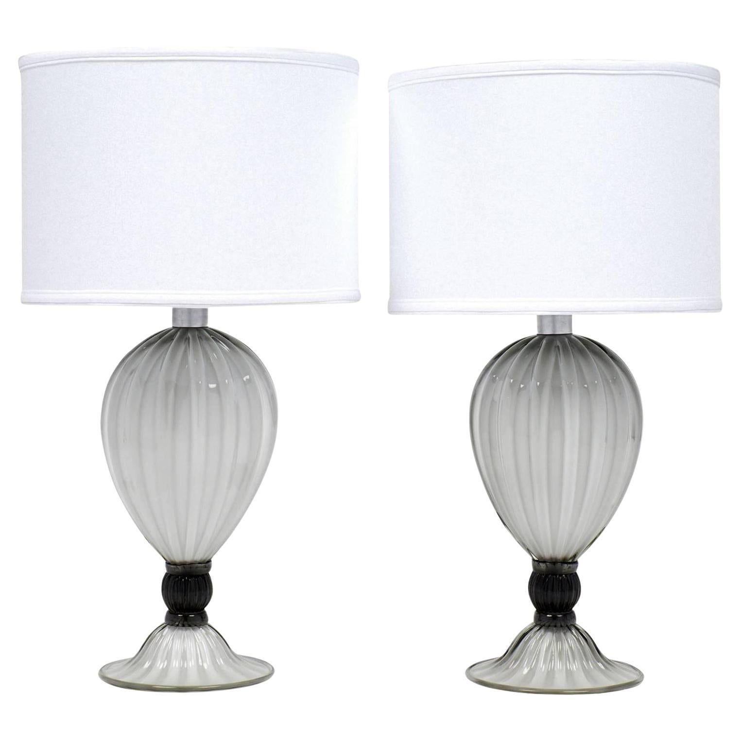 Pair of Murano "Incamiciato" Gray Glass Table Lamps