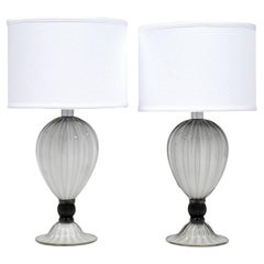Pair of Murano "Incamiciato" Gray Glass Table Lamps