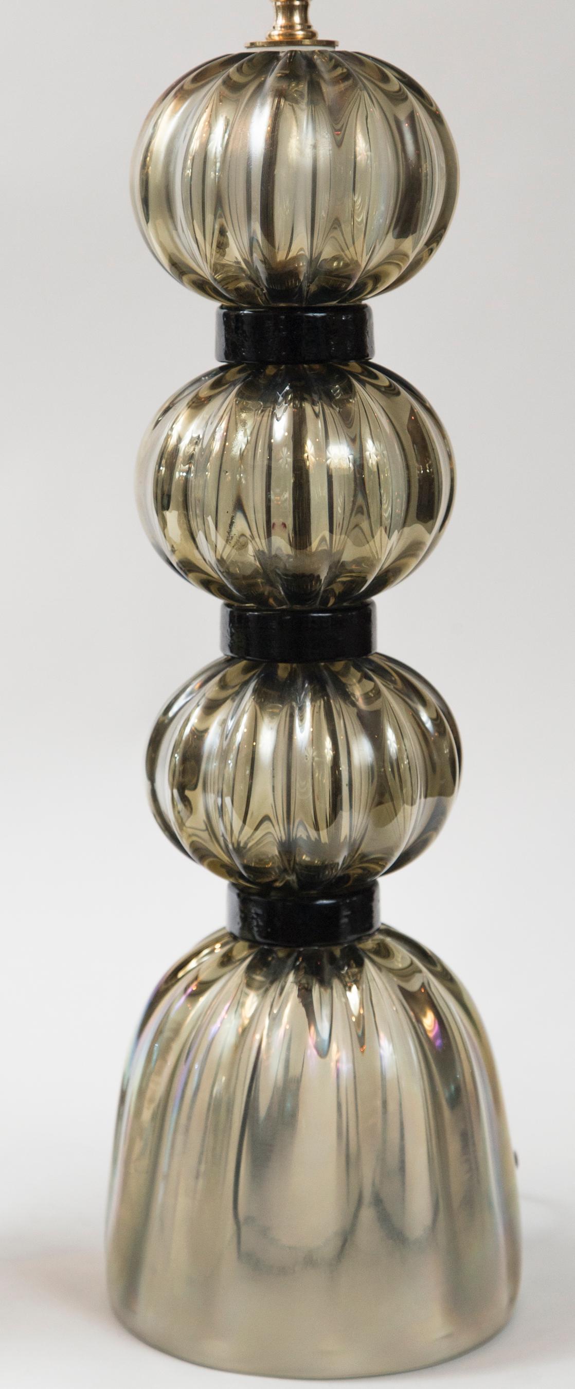 Modern Pair of Murano Iridescent Gray Lamps