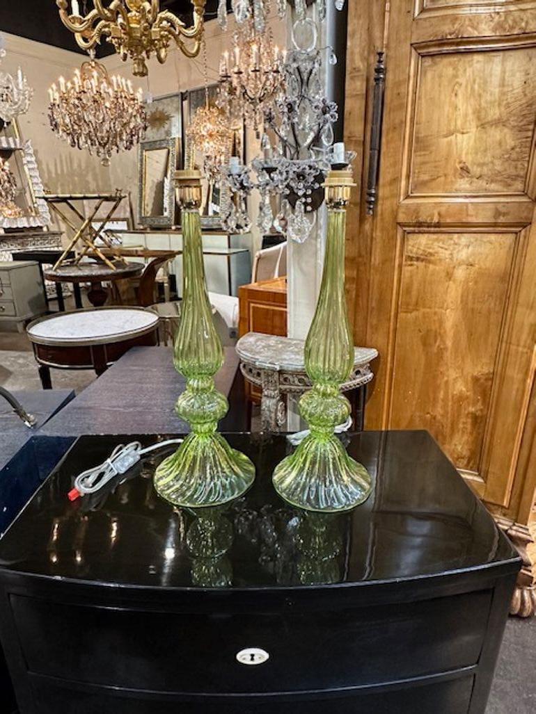 Pair of modern Murano blown glass apple green lamps. Perfect for today's transitional designs!